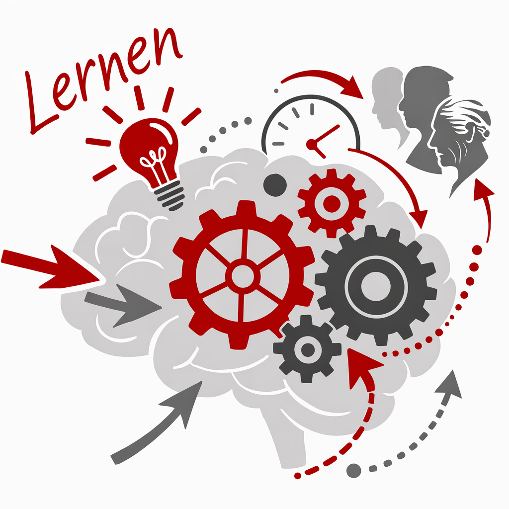 Zu sehen ist ein stilisiertes menschliches Gehirn mit Zahnr&auml;dern, blinkender Gl&uuml;hbirne, Uhr und K&ouml;pfen von Menschen unterschiedlichen Alters. Die Grafik spielt damit auf die Arbeitsweise des Gehirns im Laufe des Lebens an.